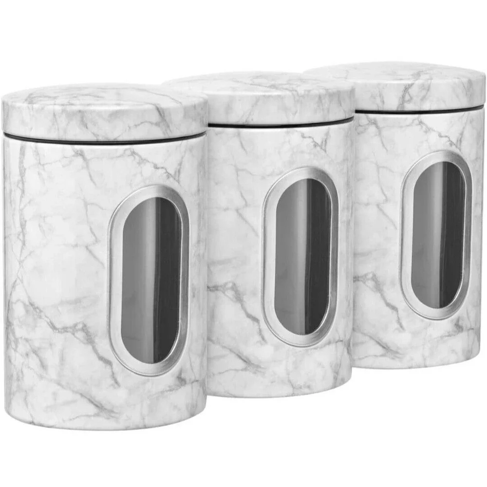 NEW- Set of 3 - Aluminum Food Storage - Large - White & Black Marble Look